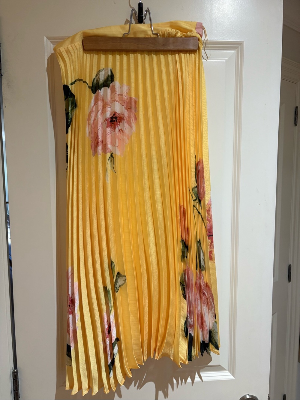 Mango Yellow Pleated Floral Midi Skirt with Pink Roses